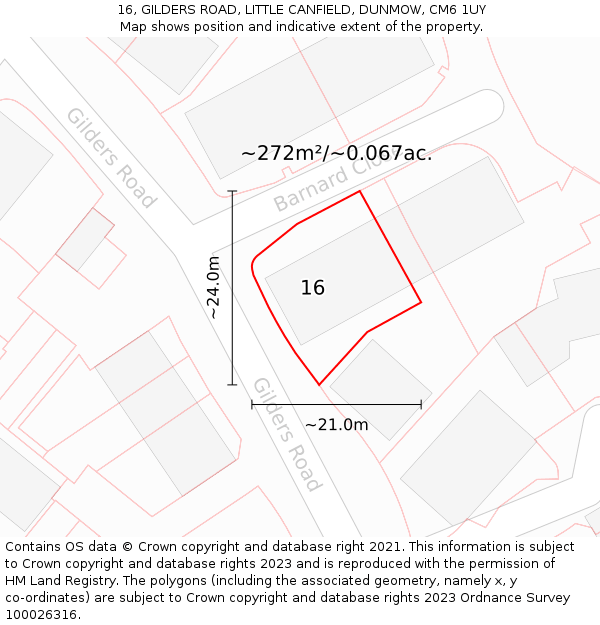 16, GILDERS ROAD, LITTLE CANFIELD, DUNMOW, CM6 1UY: Plot and title map