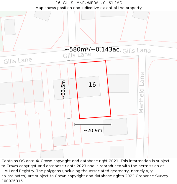 16, GILLS LANE, WIRRAL, CH61 1AD: Plot and title map