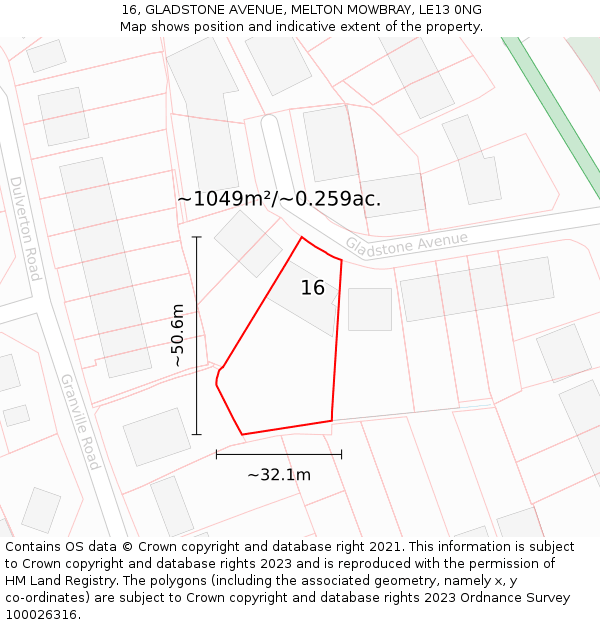 16, GLADSTONE AVENUE, MELTON MOWBRAY, LE13 0NG: Plot and title map