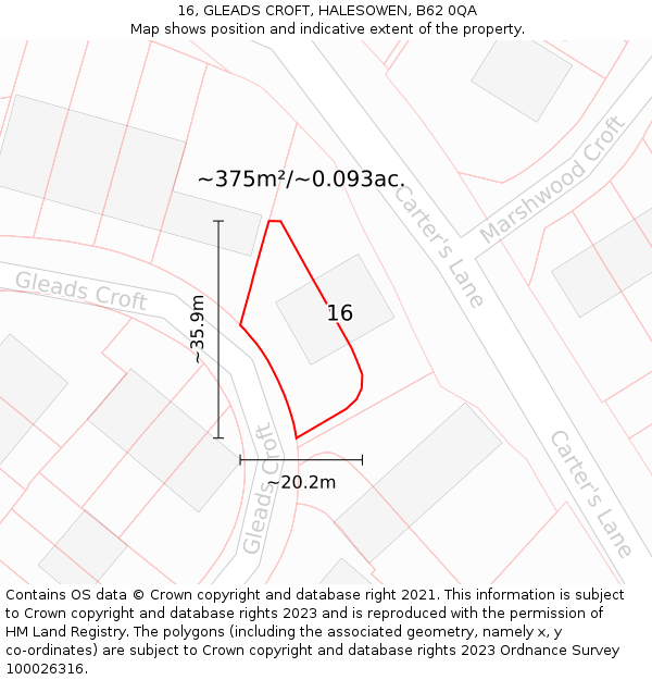 16, GLEADS CROFT, HALESOWEN, B62 0QA: Plot and title map