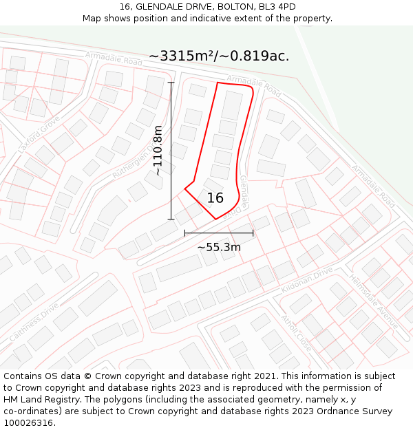 16, GLENDALE DRIVE, BOLTON, BL3 4PD: Plot and title map
