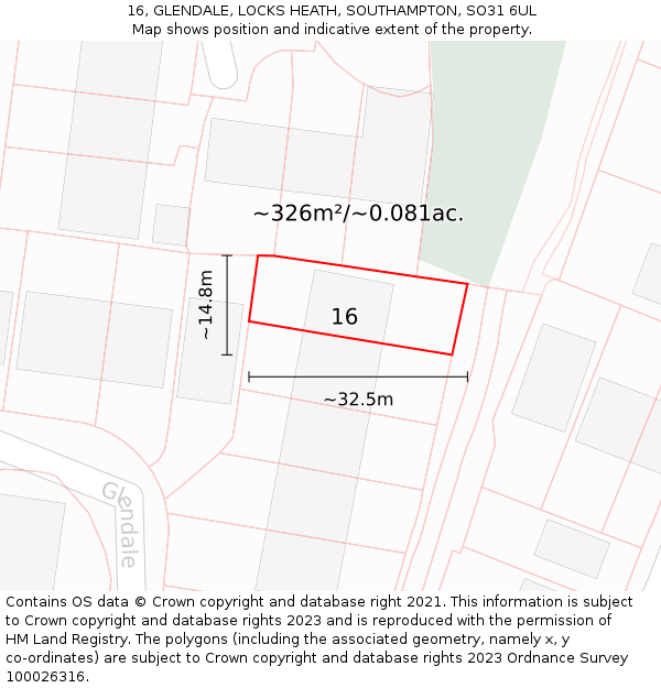 16, GLENDALE, LOCKS HEATH, SOUTHAMPTON, SO31 6UL: Plot and title map