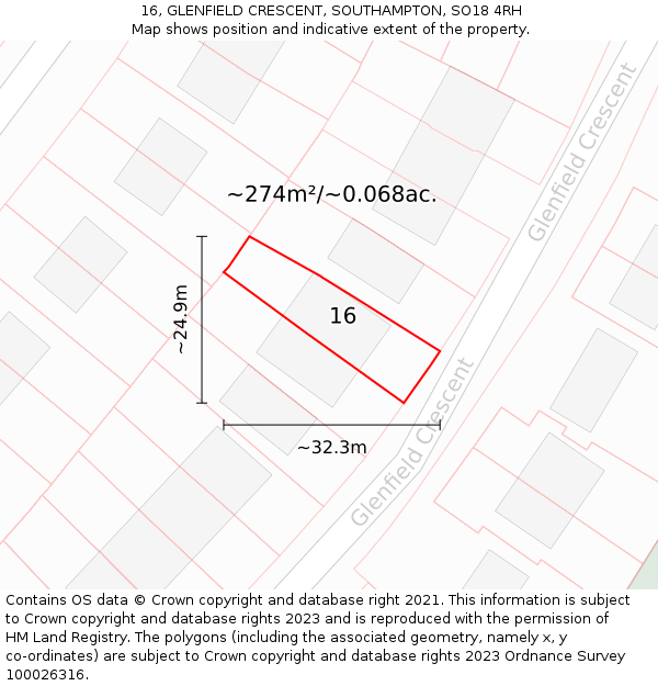 16, GLENFIELD CRESCENT, SOUTHAMPTON, SO18 4RH: Plot and title map