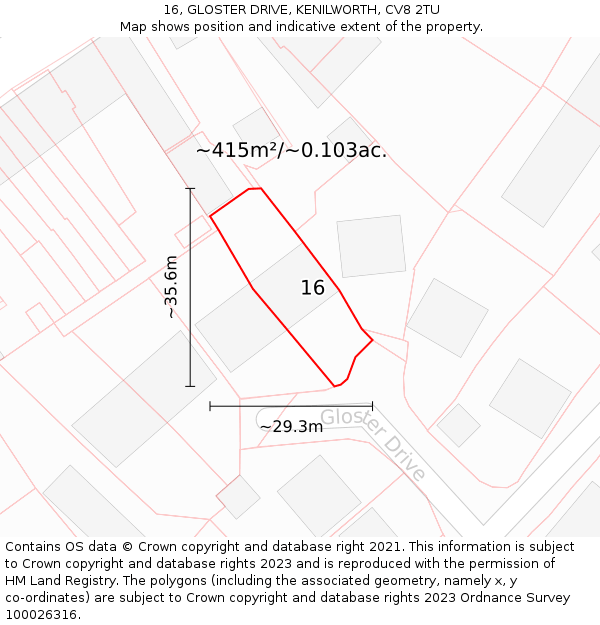 16, GLOSTER DRIVE, KENILWORTH, CV8 2TU: Plot and title map