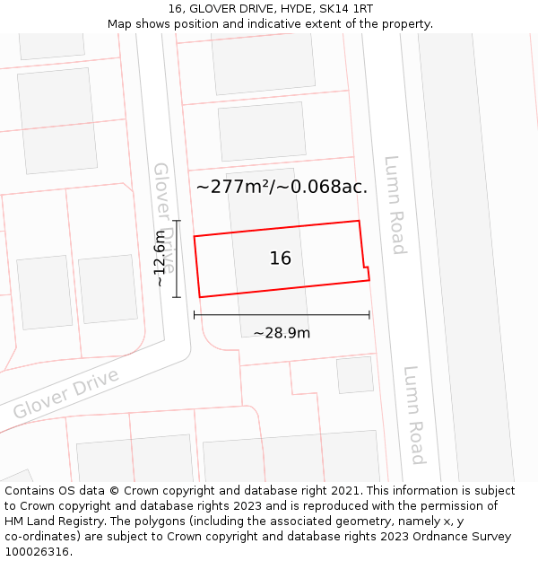 16, GLOVER DRIVE, HYDE, SK14 1RT: Plot and title map