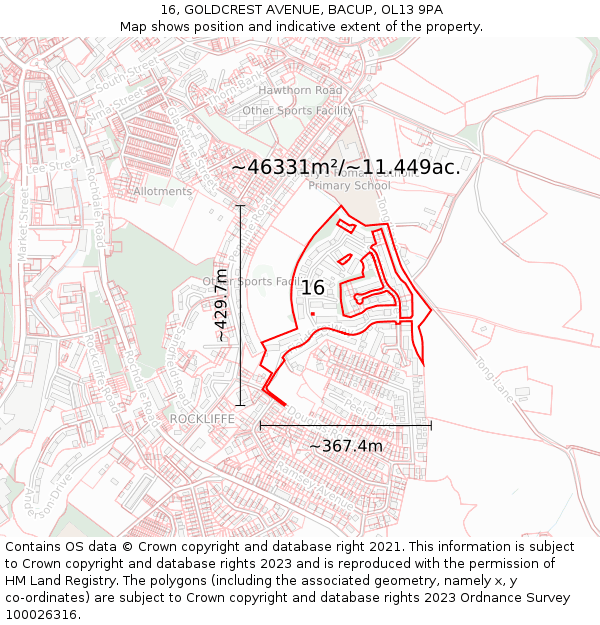 16, GOLDCREST AVENUE, BACUP, OL13 9PA: Plot and title map