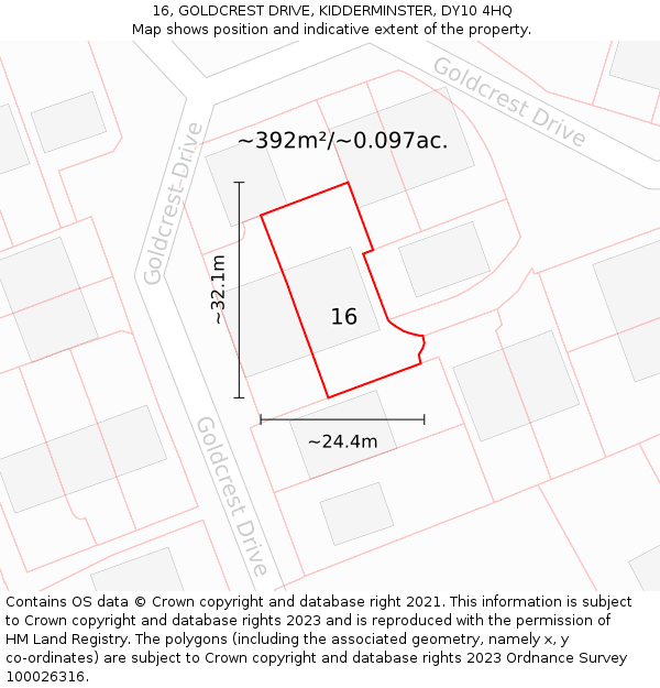 16, GOLDCREST DRIVE, KIDDERMINSTER, DY10 4HQ: Plot and title map