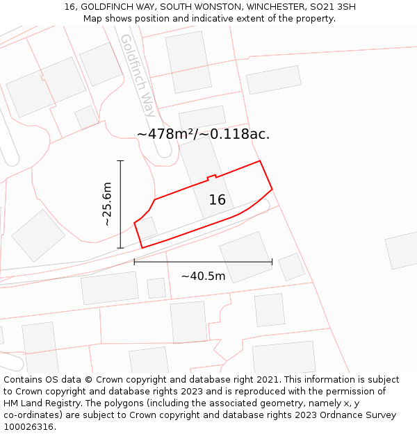 16, GOLDFINCH WAY, SOUTH WONSTON, WINCHESTER, SO21 3SH: Plot and title map