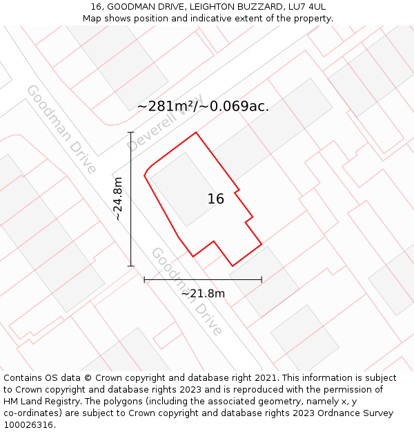 16, GOODMAN DRIVE, LEIGHTON BUZZARD, LU7 4UL: Plot and title map