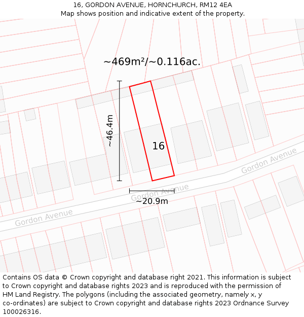 16, GORDON AVENUE, HORNCHURCH, RM12 4EA: Plot and title map