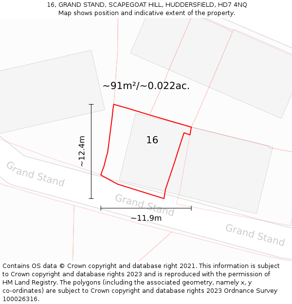 16, GRAND STAND, SCAPEGOAT HILL, HUDDERSFIELD, HD7 4NQ: Plot and title map