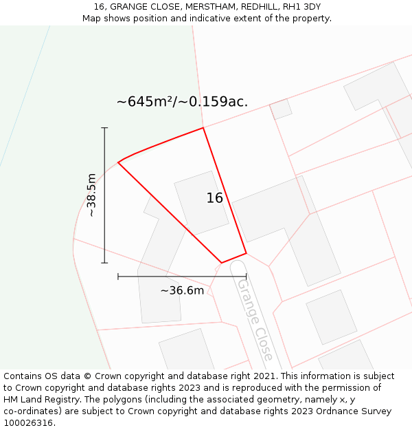 16, GRANGE CLOSE, MERSTHAM, REDHILL, RH1 3DY: Plot and title map