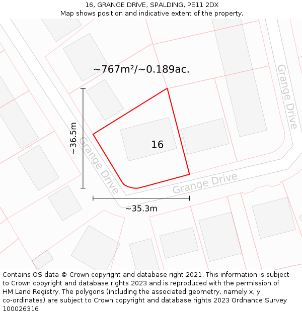 16, GRANGE DRIVE, SPALDING, PE11 2DX: Plot and title map