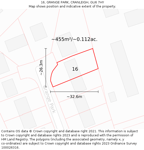 16, GRANGE PARK, CRANLEIGH, GU6 7HY: Plot and title map
