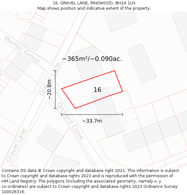 16, GRAVEL LANE, RINGWOOD, BH24 1LN: Plot and title map