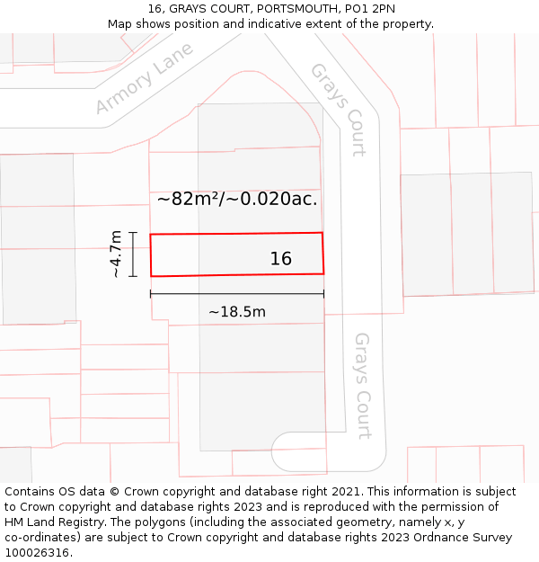 16, GRAYS COURT, PORTSMOUTH, PO1 2PN: Plot and title map