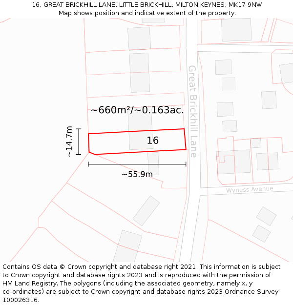 16, GREAT BRICKHILL LANE, LITTLE BRICKHILL, MILTON KEYNES, MK17 9NW: Plot and title map