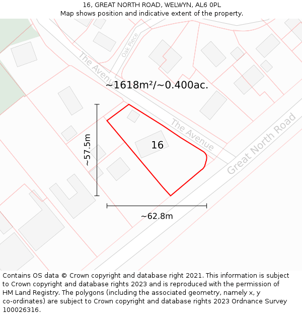 16, GREAT NORTH ROAD, WELWYN, AL6 0PL: Plot and title map