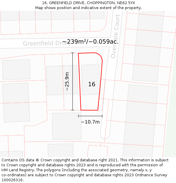 16, GREENFIELD DRIVE, CHOPPINGTON, NE62 5YX: Plot and title map