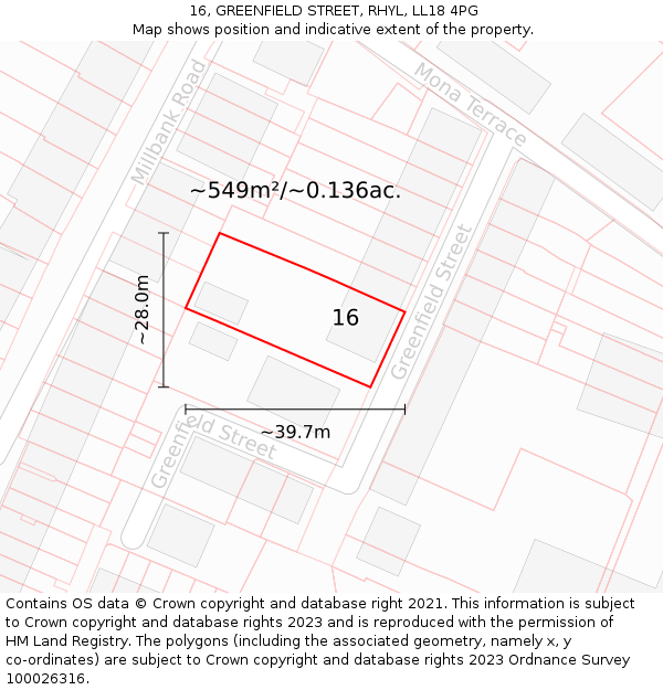 16, GREENFIELD STREET, RHYL, LL18 4PG: Plot and title map