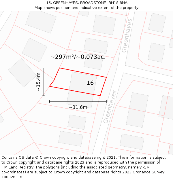 16, GREENHAYES, BROADSTONE, BH18 8NA: Plot and title map