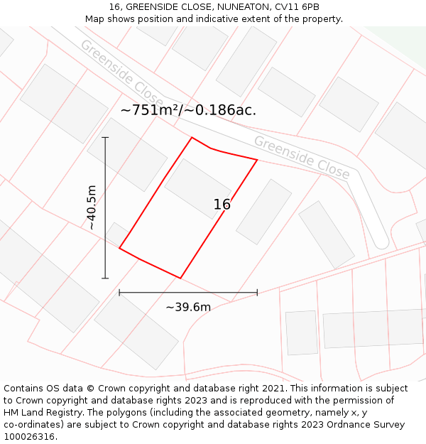 16, GREENSIDE CLOSE, NUNEATON, CV11 6PB: Plot and title map