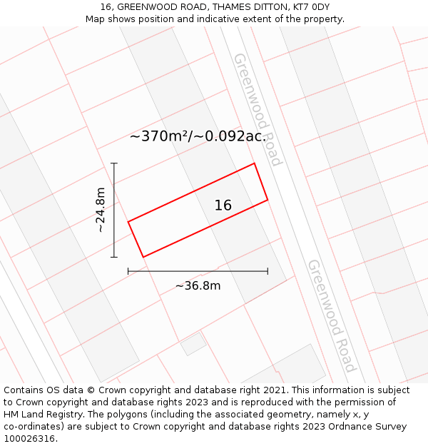 16, GREENWOOD ROAD, THAMES DITTON, KT7 0DY: Plot and title map