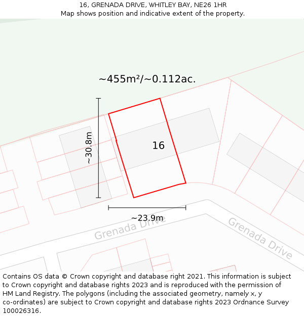 16, GRENADA DRIVE, WHITLEY BAY, NE26 1HR: Plot and title map