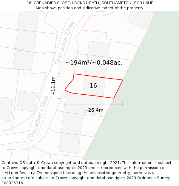 16, GRENADIER CLOSE, LOCKS HEATH, SOUTHAMPTON, SO31 6UE: Plot and title map