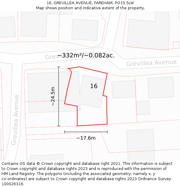 16, GREVILLEA AVENUE, FAREHAM, PO15 5LW: Plot and title map