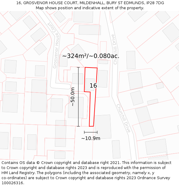16, GROSVENOR HOUSE COURT, MILDENHALL, BURY ST EDMUNDS, IP28 7DG: Plot and title map