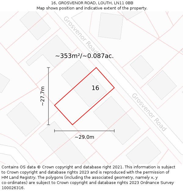 16, GROSVENOR ROAD, LOUTH, LN11 0BB: Plot and title map