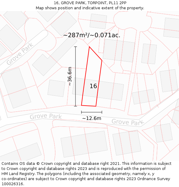 16, GROVE PARK, TORPOINT, PL11 2PP: Plot and title map