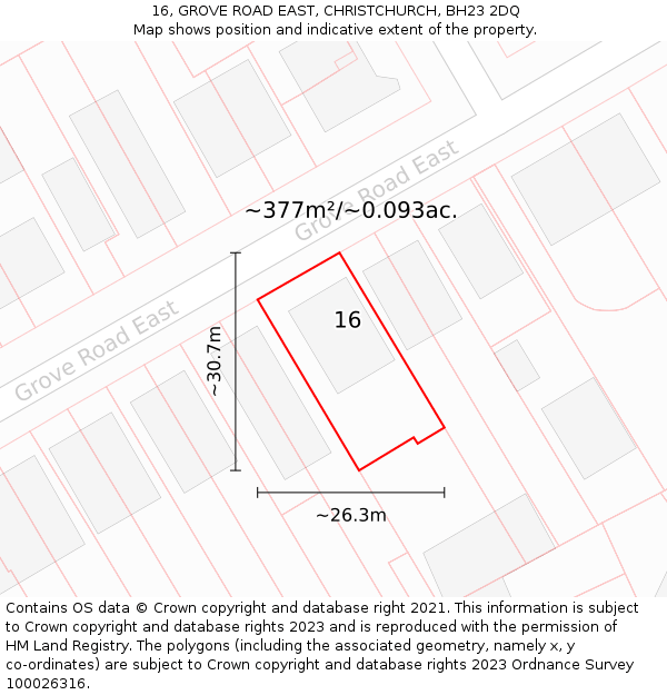 16, GROVE ROAD EAST, CHRISTCHURCH, BH23 2DQ: Plot and title map