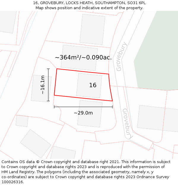 16, GROVEBURY, LOCKS HEATH, SOUTHAMPTON, SO31 6PL: Plot and title map