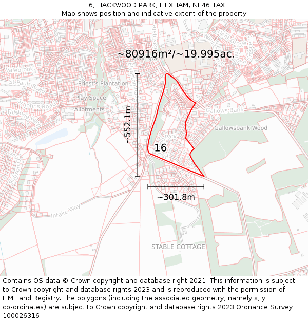 16, HACKWOOD PARK, HEXHAM, NE46 1AX: Plot and title map