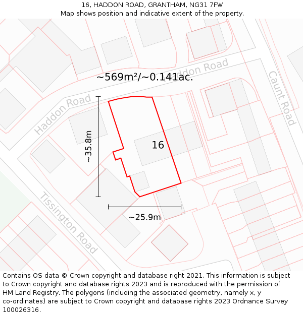 16, HADDON ROAD, GRANTHAM, NG31 7FW: Plot and title map