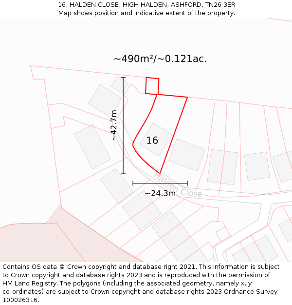 16, HALDEN CLOSE, HIGH HALDEN, ASHFORD, TN26 3ER: Plot and title map