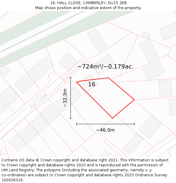 16, HALL CLOSE, CAMBERLEY, GU15 2EB: Plot and title map