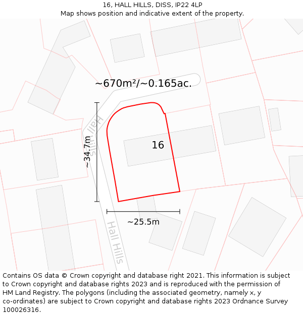 16, HALL HILLS, DISS, IP22 4LP: Plot and title map