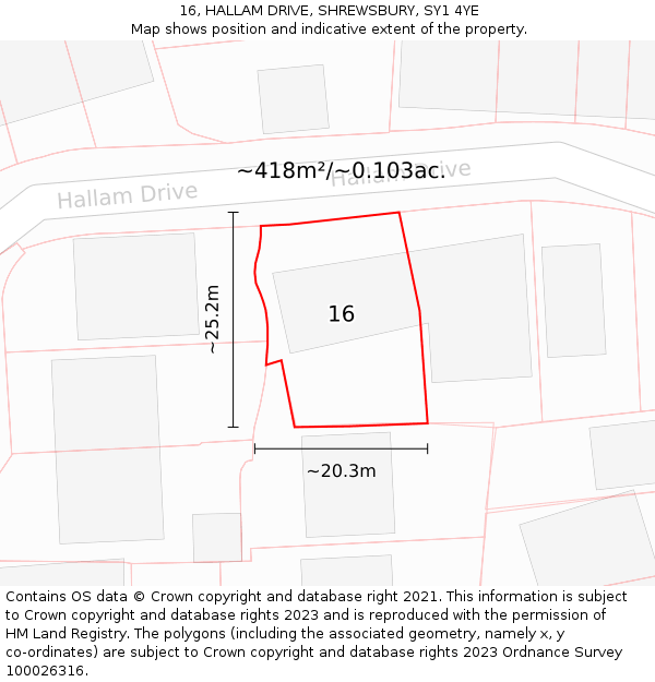 16, HALLAM DRIVE, SHREWSBURY, SY1 4YE: Plot and title map