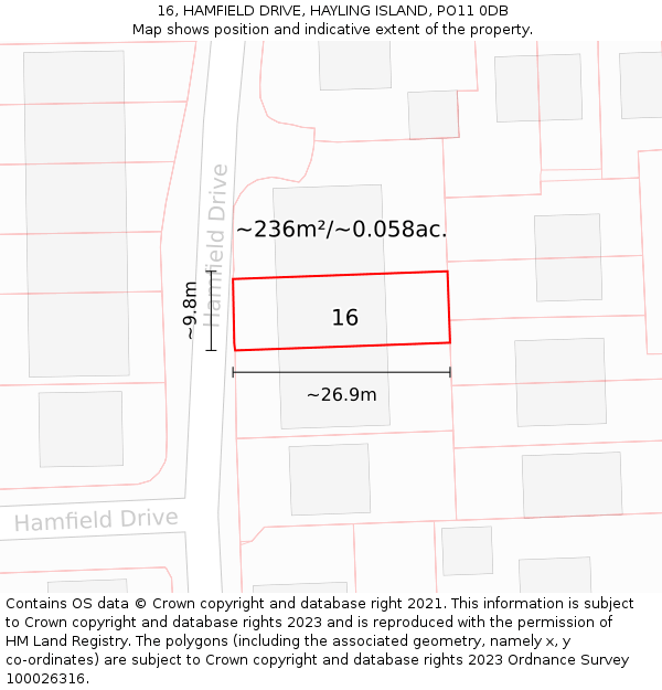 16, HAMFIELD DRIVE, HAYLING ISLAND, PO11 0DB: Plot and title map