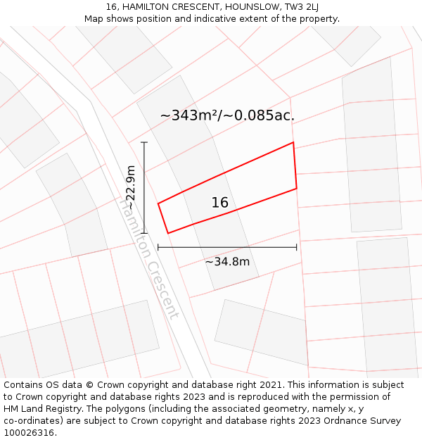 16, HAMILTON CRESCENT, HOUNSLOW, TW3 2LJ: Plot and title map