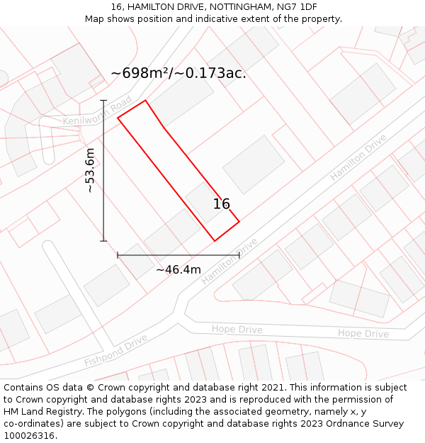 16, HAMILTON DRIVE, NOTTINGHAM, NG7 1DF: Plot and title map