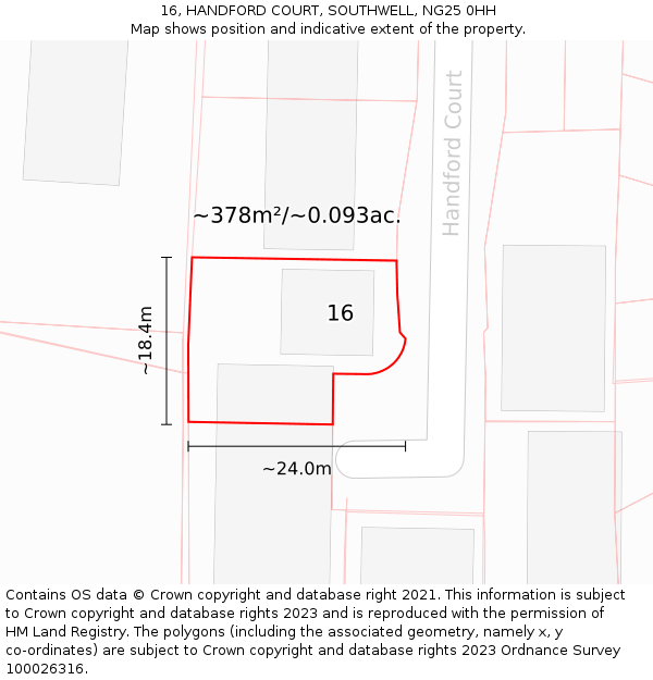 16, HANDFORD COURT, SOUTHWELL, NG25 0HH: Plot and title map