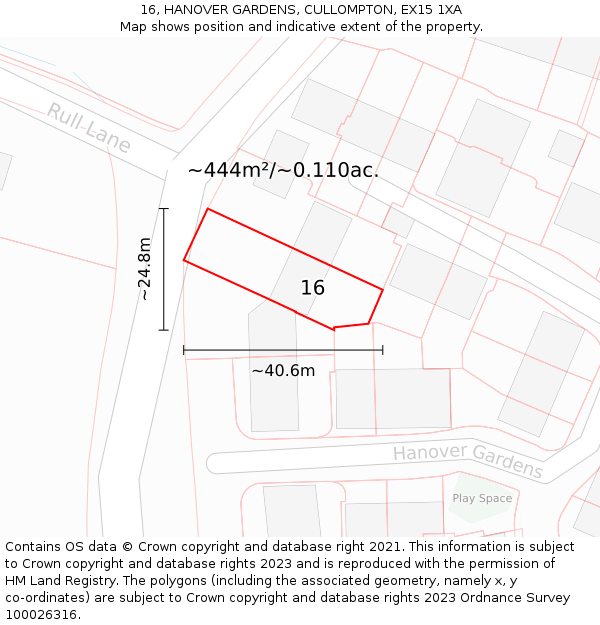 16, HANOVER GARDENS, CULLOMPTON, EX15 1XA: Plot and title map