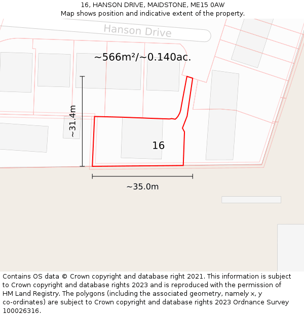 16, HANSON DRIVE, MAIDSTONE, ME15 0AW: Plot and title map