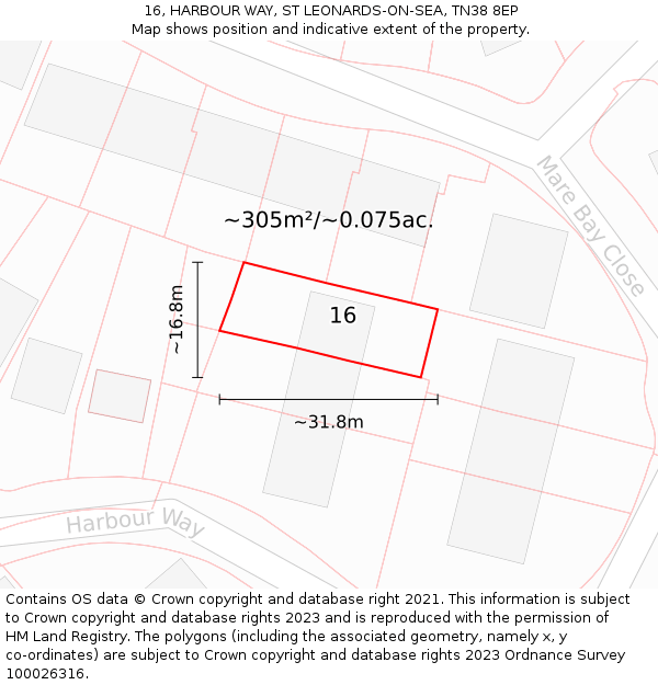 16, HARBOUR WAY, ST LEONARDS-ON-SEA, TN38 8EP: Plot and title map