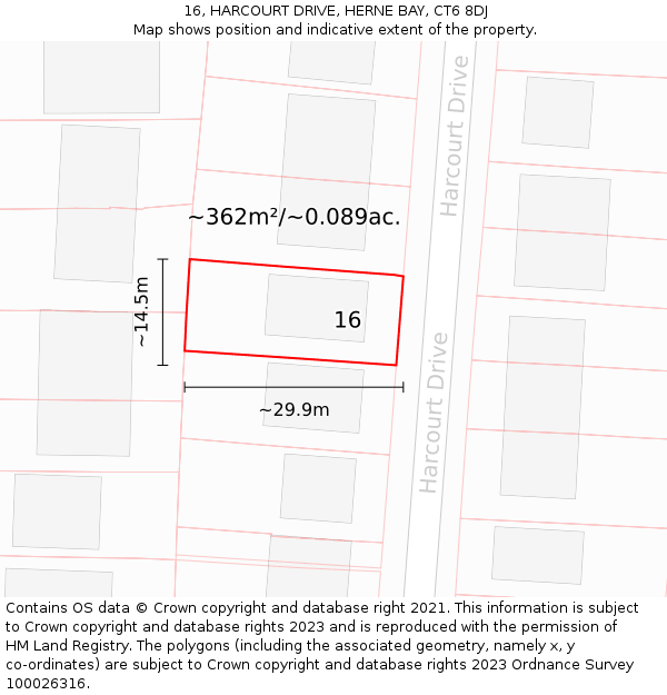 16, HARCOURT DRIVE, HERNE BAY, CT6 8DJ: Plot and title map