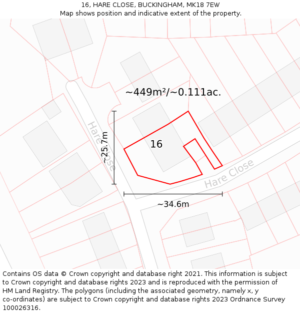 16, HARE CLOSE, BUCKINGHAM, MK18 7EW: Plot and title map